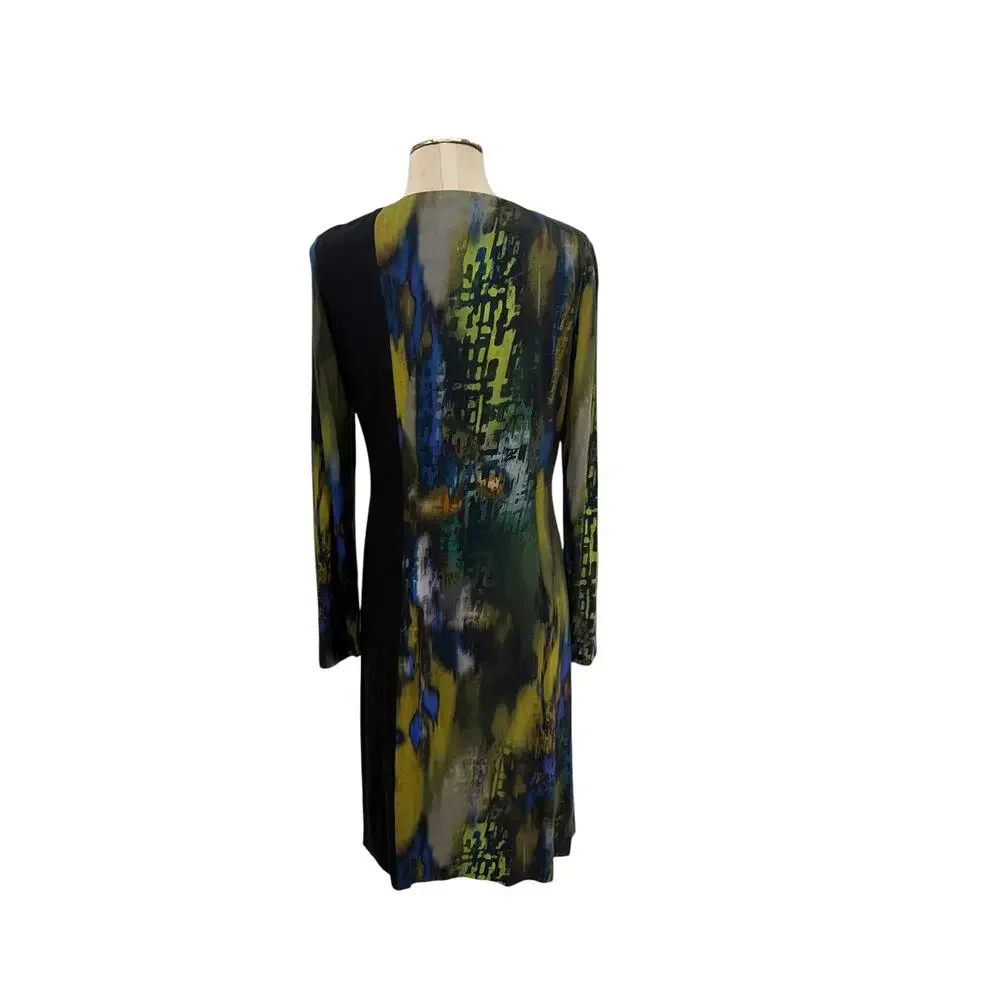 Hilton Hollis Asymmetrical Printed Sheath Dress Black Green Blue Long Sleeve M